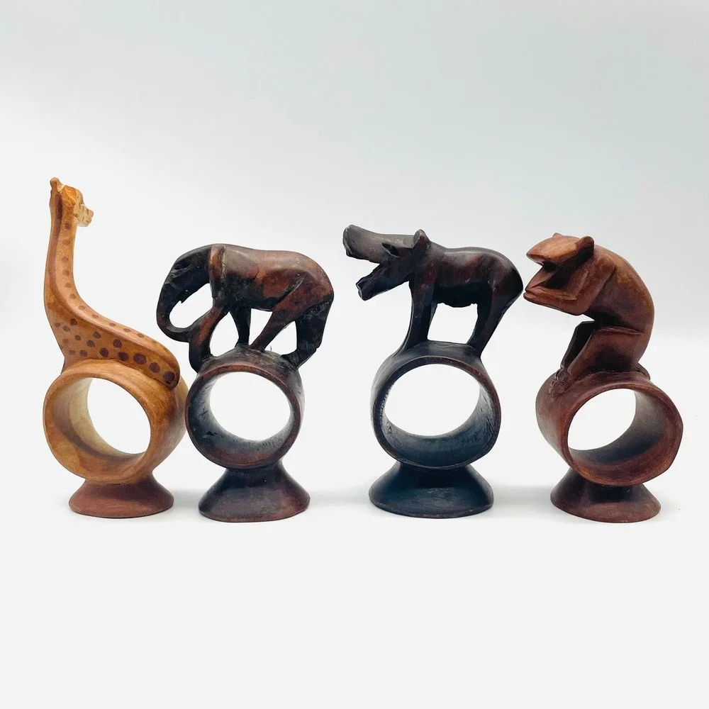 Set of 4‎ Hand Carved Wooden African Safari Animal Napkin Rings Giraffe Elephant